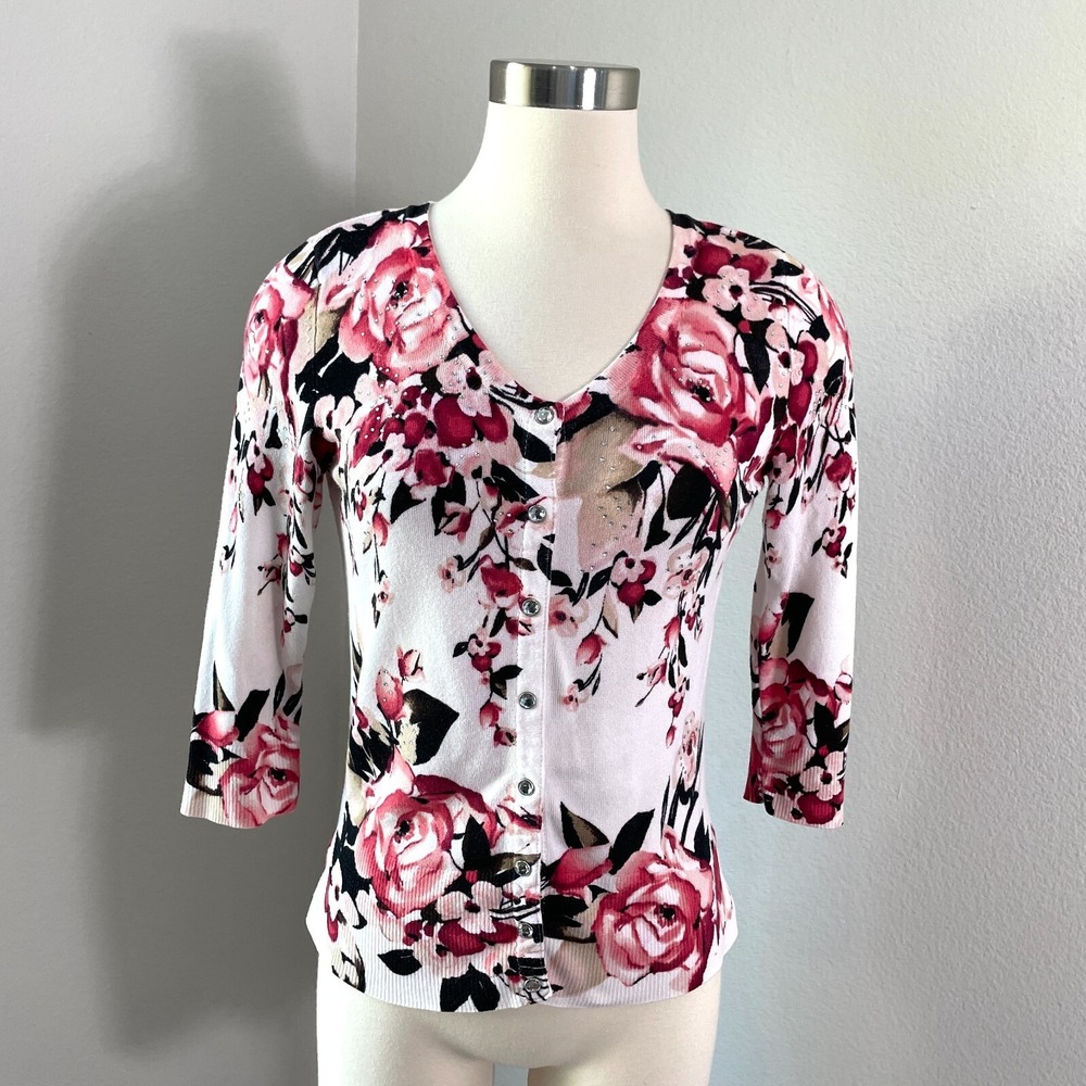 White House Black Market Womens Small Floral Cardigan Sweater 3/4 Sleeve